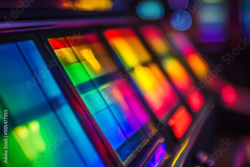 Abstract reflection of colorful light effects from slot machine evokes a sense of modern entertainment and vibrant excitement in a casino setting, full of energy. photo