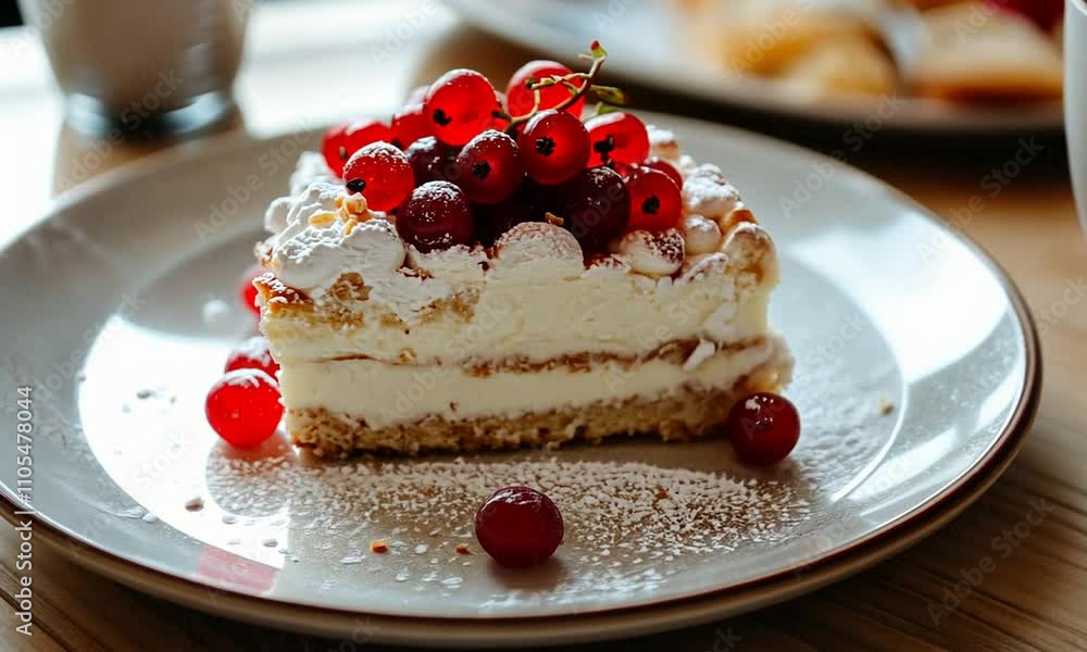 A delicious layered dessert topped with red currants and whipped cream on a plate. A delicious layered dessert topped with red currants and whipped cream on a plate.