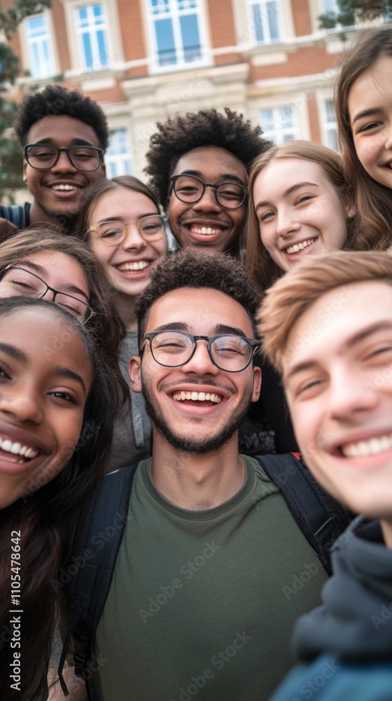 Diverse group of smiling young adults taking a cheerful selfie together outside a brick building, showcasing friendship and unity in higher education. Diverse group of smiling young adults taking a cheerful selfie together outside a brick building, showcasing friendship and unity in higher education.
