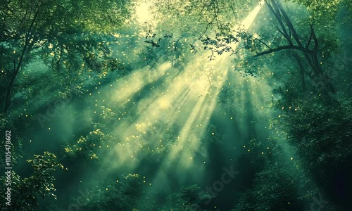 Wallpaper Mural Sunlight beams filtering through a lush, green forest. Torontodigital.ca