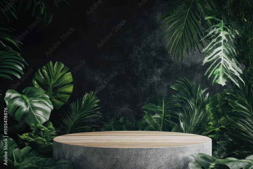 Wooden pedestal with a stone base is surrounded by lush green foliage. Concept of tranquility and natural beauty, as if one were walking through a dense jungle Wooden pedestal with a stone base is surrounded by lush green foliage. Concept of tranquility and natural beauty, as if one were walking through a dense jungle