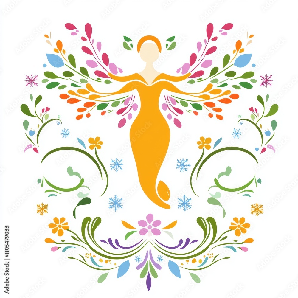 Obraz premium A colorful, stylized figure surrounded by floral and leafy designs.