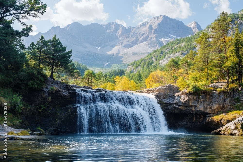 Fototapeta premium Stunning Waterfall Cascading into Pristine Pool Amidst Lush Greenery and Majestic Mountains Under a Clear Blue Sky