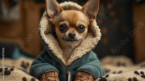 cute chihuahua dog sits wearing a teal hooded jacket and tiny brown boots The dog is on a beige knitted blanket with paw prints Its a heartwarming winter scene
 photo