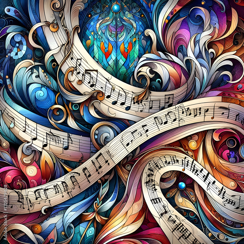 Musical Rose Script: Artistic Design with Classical Score Pattern and Premium Vintage Elements in Floral Style