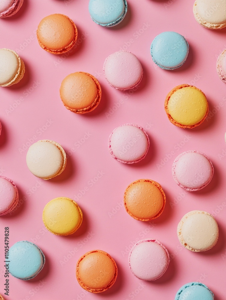 Close up of a pink background with a variety of colored macarons. The macarons are arranged in a pattern, with some being pink, yellow, and blue. Concept of abundance and variety Close up of a pink background with a variety of colored macarons. The macarons are arranged in a pattern, with some being pink, yellow, and blue. Concept of abundance and variety