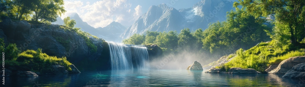 Stunning Waterfall in Serene Mountain Landscape with Lush Greenery and Clear Blue Sky Stunning Waterfall in Serene Mountain Landscape with Lush Greenery and Clear Blue Sky