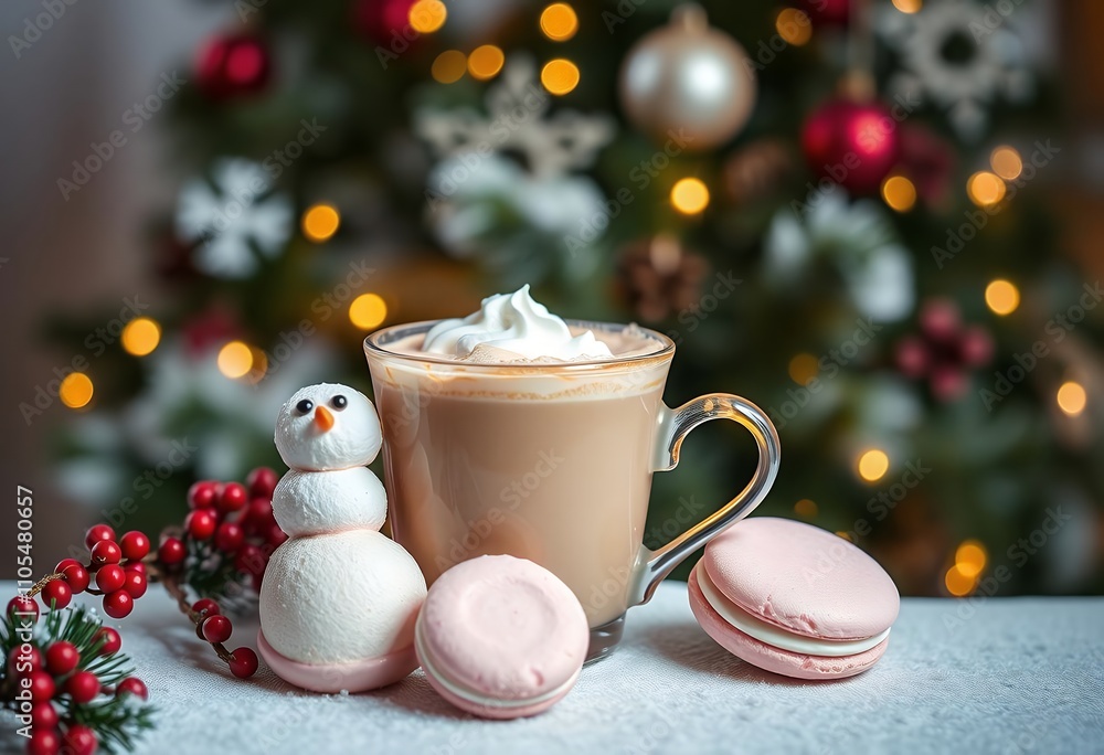 Fototapeta premium Cozy Christmas Hot Cocoa with Snowman Macarons