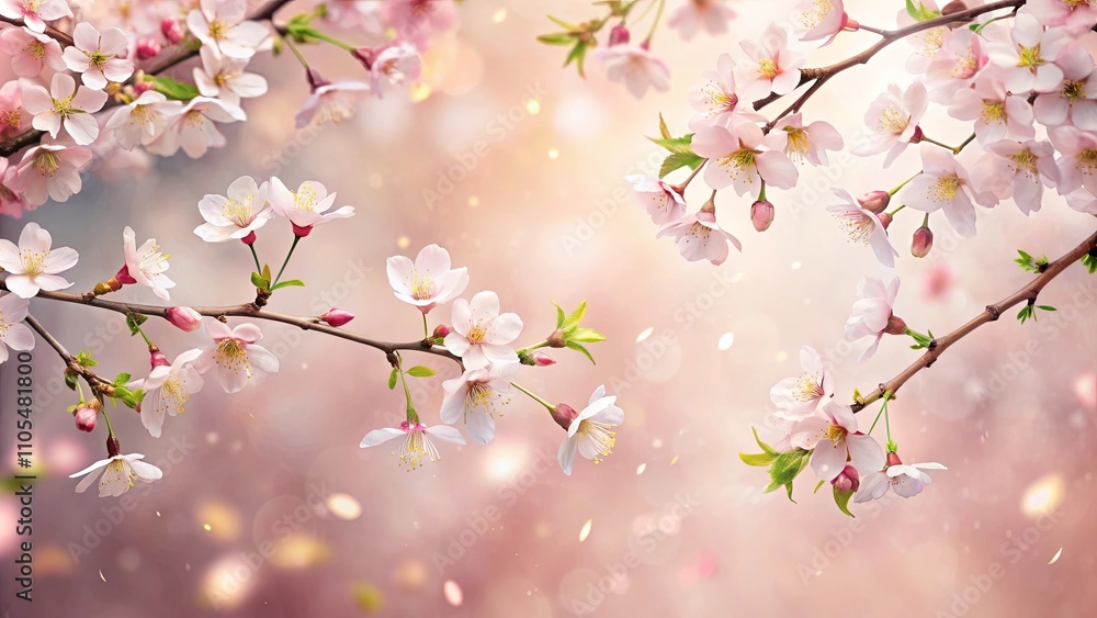 Delicate Spring Blossoms on Branch, Soft Pink Petals, Gentle Breeze, Bokeh Background Delicate Spring Blossoms on Branch, Soft Pink Petals, Gentle Breeze, Bokeh Background