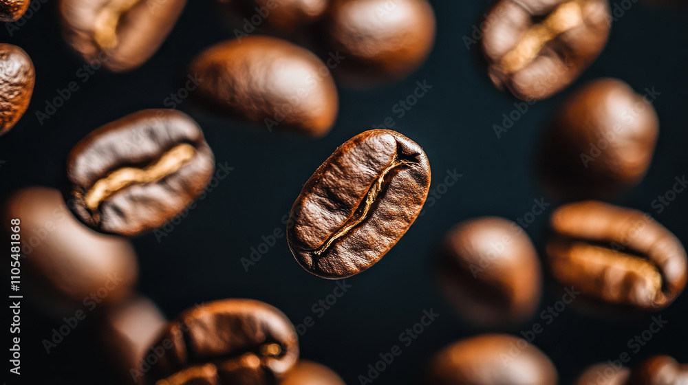 Fototapeta premium Roasted coffee beans falling against dark background