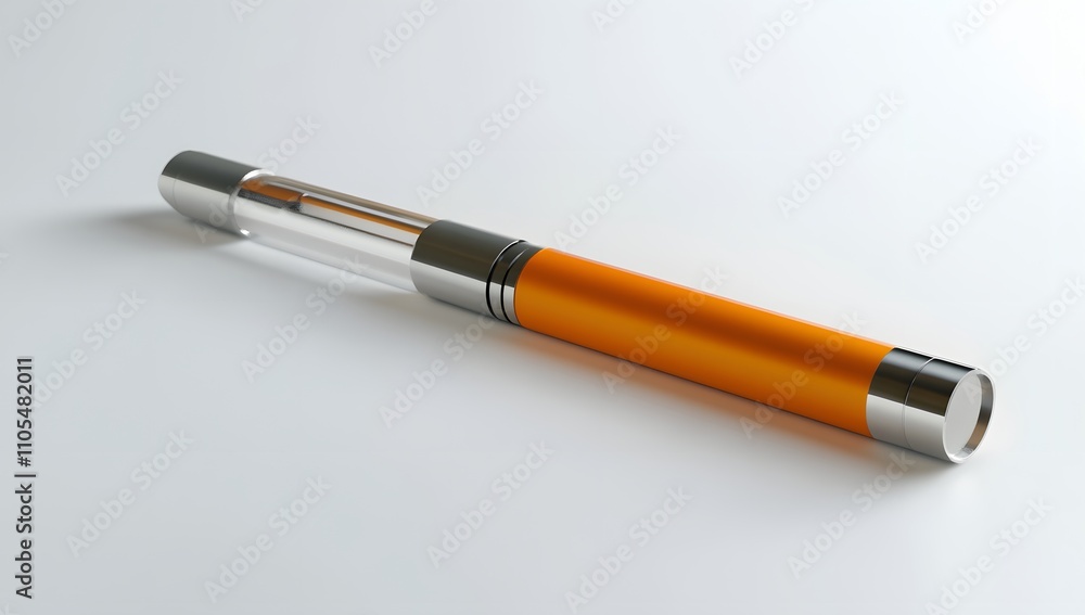 Sleek orange and silver vape pen isolated on a white background. A modern design with a clear tank. Sleek orange and silver vape pen isolated on a white background. A modern design with a clear tank.