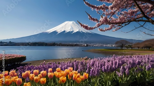 View of Mount fuji with snow. Can see the lake surrounding it. Can see the tulips and lavender near the camera and the clouds are on the side photo