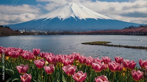 View of Mount fuji with snow. Can see the lake surrounding it. Can see the tulips and lavender near the camera and the clouds are on the side photo