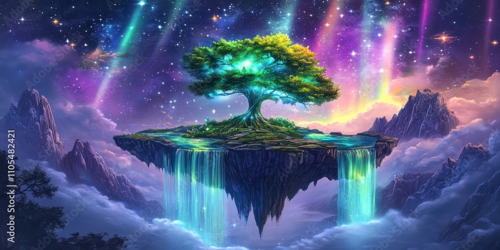 Magical Floating Island Fantasy Tree Waterfall Aurora Starscape Magical Floating Island Fantasy Tree Waterfall Aurora Starscape