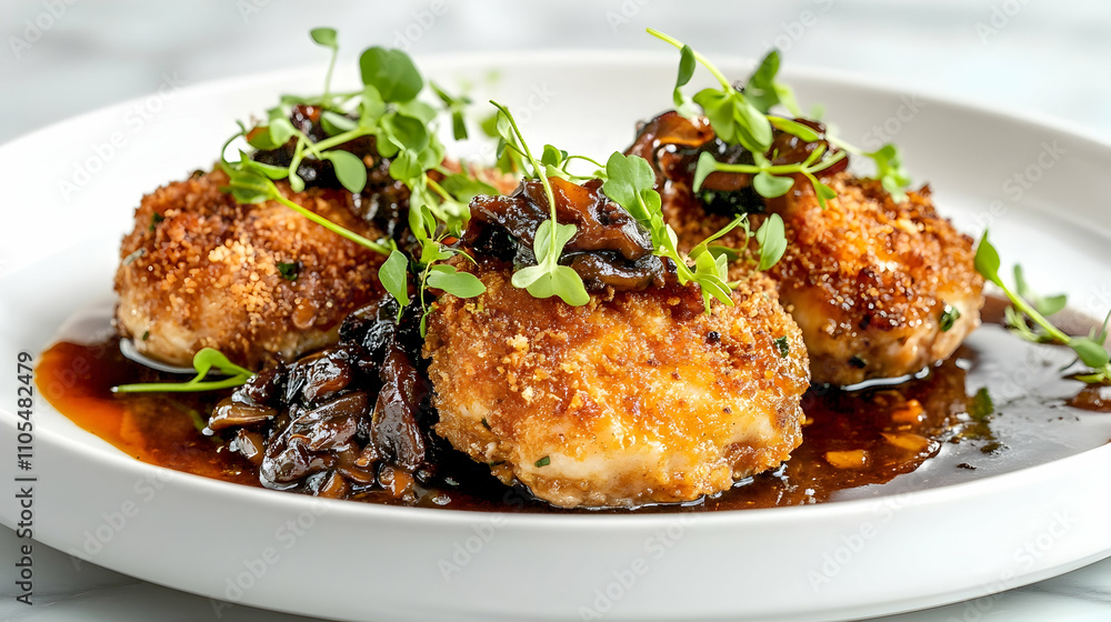 Pan-Seared Veal Sweetbreads with Mushroom Duxelles and Madeira Sauce, Fine Dining Photography Pan-Seared Veal Sweetbreads with Mushroom Duxelles and Madeira Sauce, Fine Dining Photography