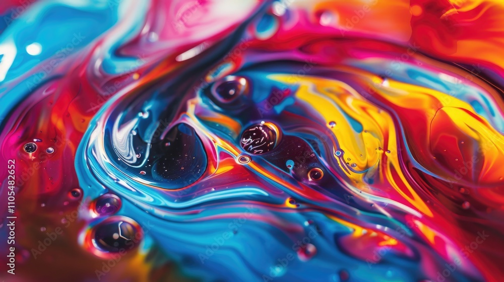 Colorful swirl of paint with many small bubbles. The colors are bright and vibrant, creating a sense of energy and movement. The bubbles are scattered throughout the painting, adding texture