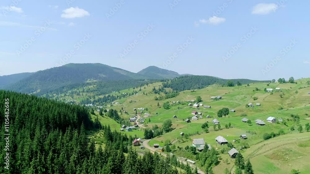 View above green field and village, hills and mountains, scenery open land, fields and village in valley, country life and rural area, picturesque farming village, countryside farm, landscape field View above green field and village, hills and mountains, scenery open land, fields and village in valley, country life and rural area, picturesque farming village, countryside farm, landscape field