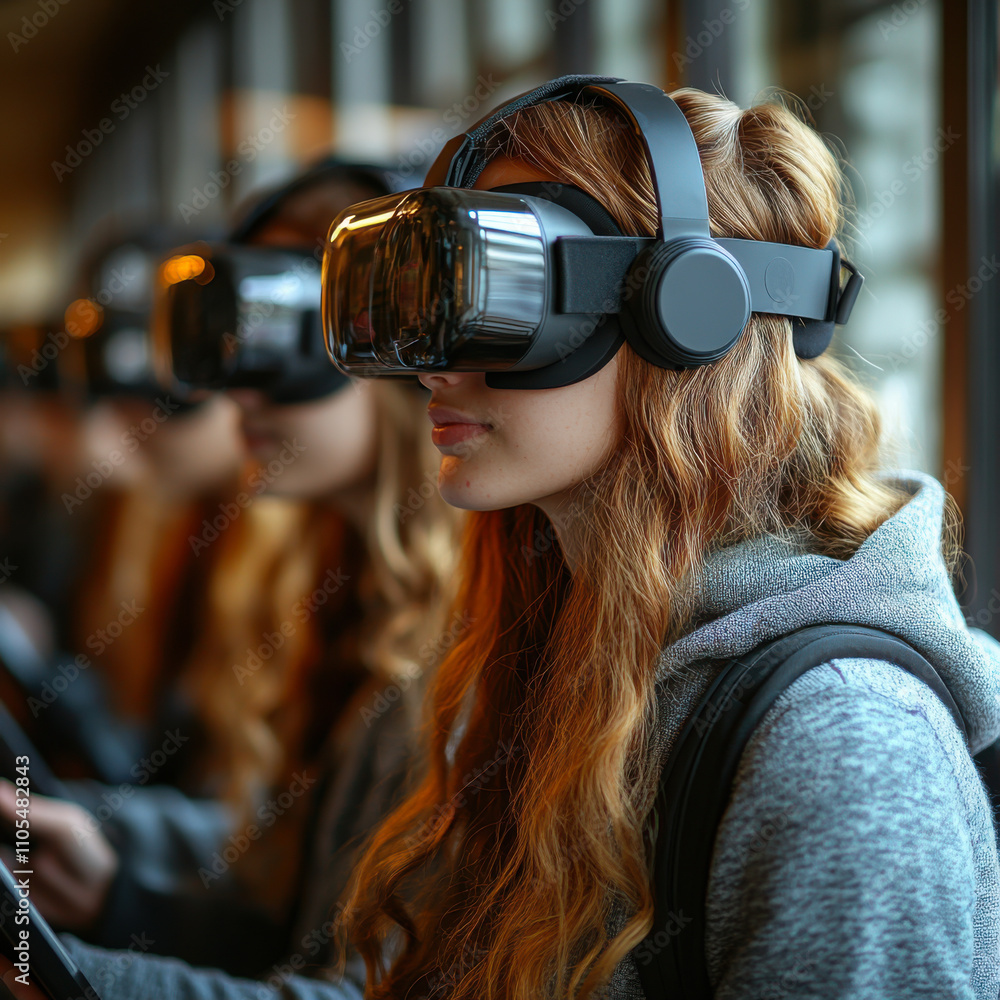 realistic photo of a modern modern education, students use VR gadgets to study realistic photo of a modern modern education, students use VR gadgets to study