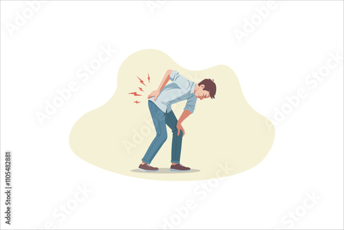 Illustration of a man bending over with a painful expression, holding his lower back, indicating back pain or discomfort. Concept of back injury, muscle strain, or lower back pain. Vector illustration