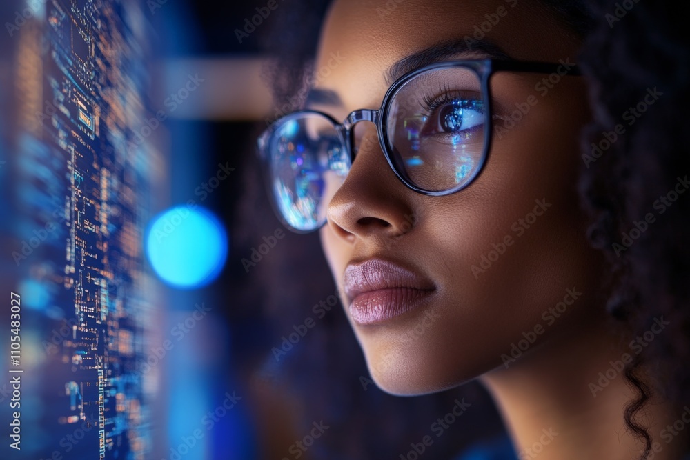 Focused african female adult analyzing computer code on screen. Focused african female adult analyzing computer code on screen.