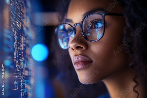 Focused african female adult analyzing computer code on screen.