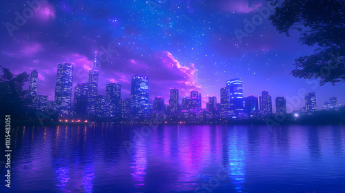 Night Cityscape Reflects in Calm Water Under a Starry, Purple Sky