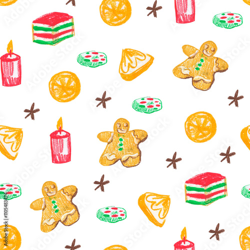 Seamless pattern with Christmas food on white isolated background hand drawn with wax crayons. New Year elements with oil pastels.