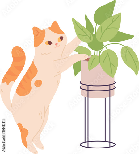 Cat play with houseplant. Naughty pet game icon