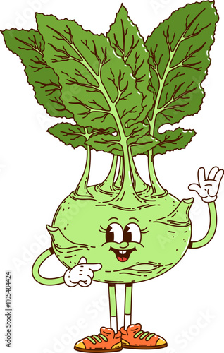 Cartoon groovy kohlrabi cabbage vegetable character. Isolated vector fun quirky healthy vitamin food. Ripe veggie retro personage with cheerful face, green leaves and sneakers, striking playful pose