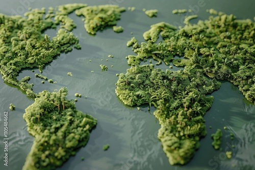 Green world map with trees and water. The map is made of paper and it looks like a drawing