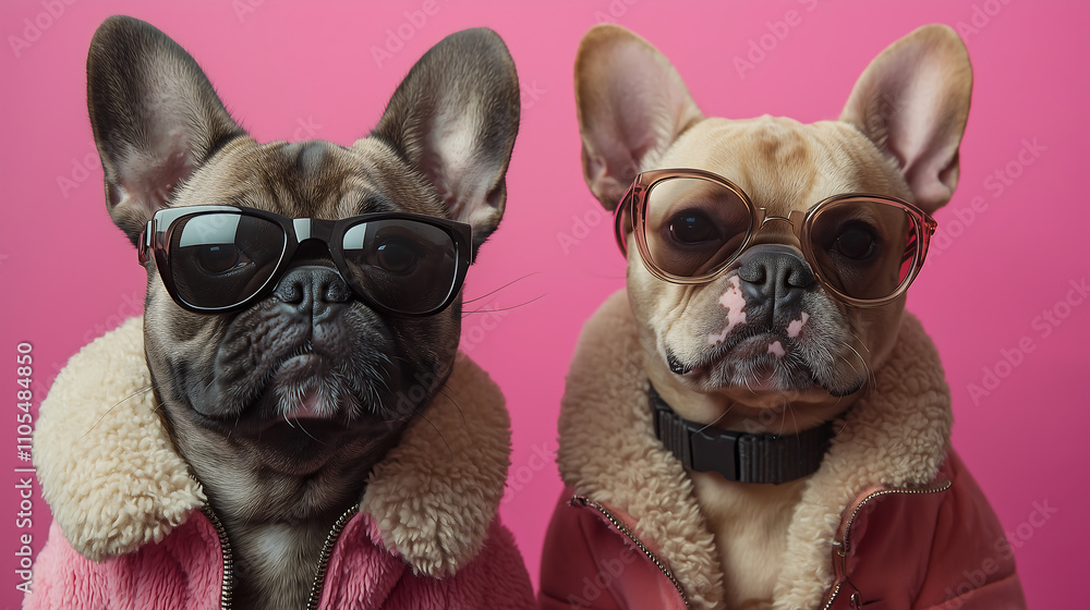 Fototapeta premium Two adorable French Bulldogs sport pink jackets and trendy sunglasses against a vibrant pink backdrop They are stylish and fashionable