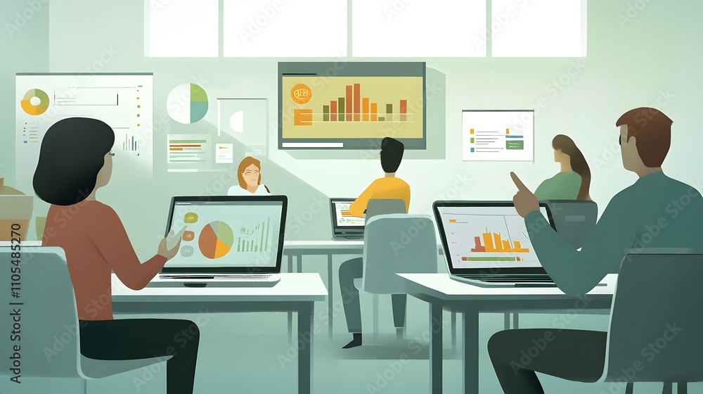 Vector flat illustration of business people meeting, top view with white background and color blocks showing graphs and charts Vector flat illustration of business people meeting, top view with white background and color blocks showing graphs and charts