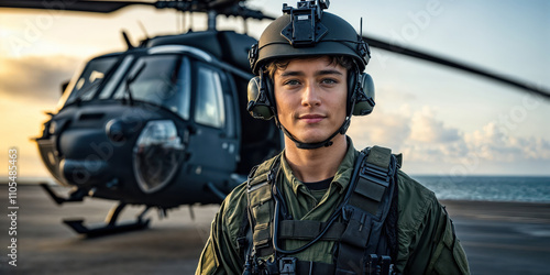 Soldier wearing headset and helmet standing near helicopter on helipad