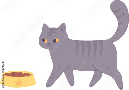 Cat feed. Cute gray kitten and pet bowl
