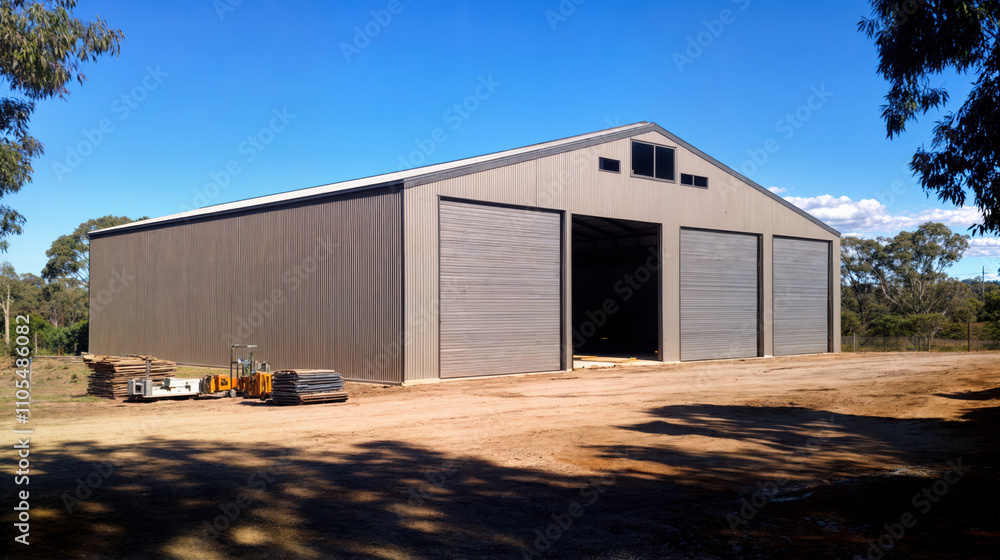 Large industrial shed building with multiple roller doors on construction site Large industrial shed building with multiple roller doors on construction site