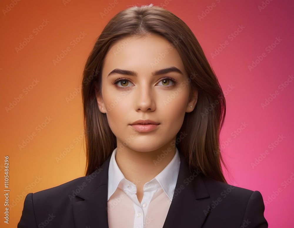portrait of a young business woman entrepreneur in front of colorful office background wearing formal suit closeup portrait of a young business woman entrepreneur in front of colorful office background wearing formal suit closeup