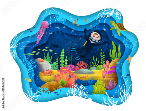 Kid scuba diver at underwater landscape on paper cut banner, cartoon vector background. Kid scuba diver in undersea ocean or sea with coral reef animals and fishes, turtle and jellyfish and starfish