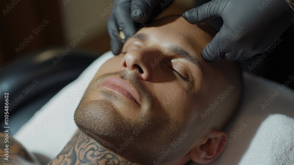 High Quality Close-Up of Male During Scalp Micropigmentation Treatment on Couch High Quality Close-Up of Male During Scalp Micropigmentation Treatment on Couch