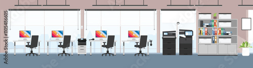 Modern office background, Empty working area with no people, Modern office interior, Skyscraper office with city view, Office interior horizontal background.