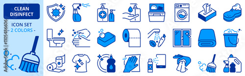 Icons in two colors about clean and disinfect.