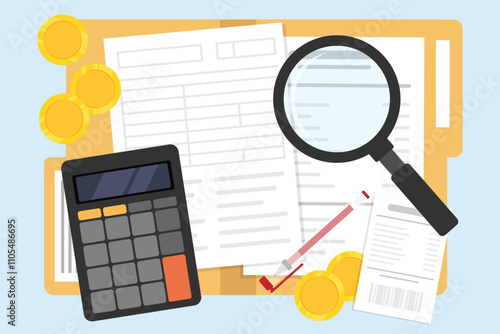 Tax accounting document concept with calculator and data analysis with magnifying glass, Receipt and money coin, Accounting document, flat vector illustration.