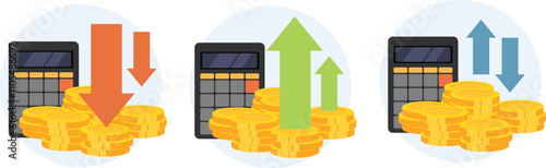 Calculator with a golden coin and arrow concept, Arrow up and down or exchange wih money, Money growth accounting for income loss profit  revenue and save money.