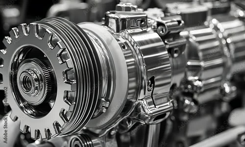 Close-up of a polished engine component showcasing mechanical design. Close-up of a polished engine component showcasing mechanical design.