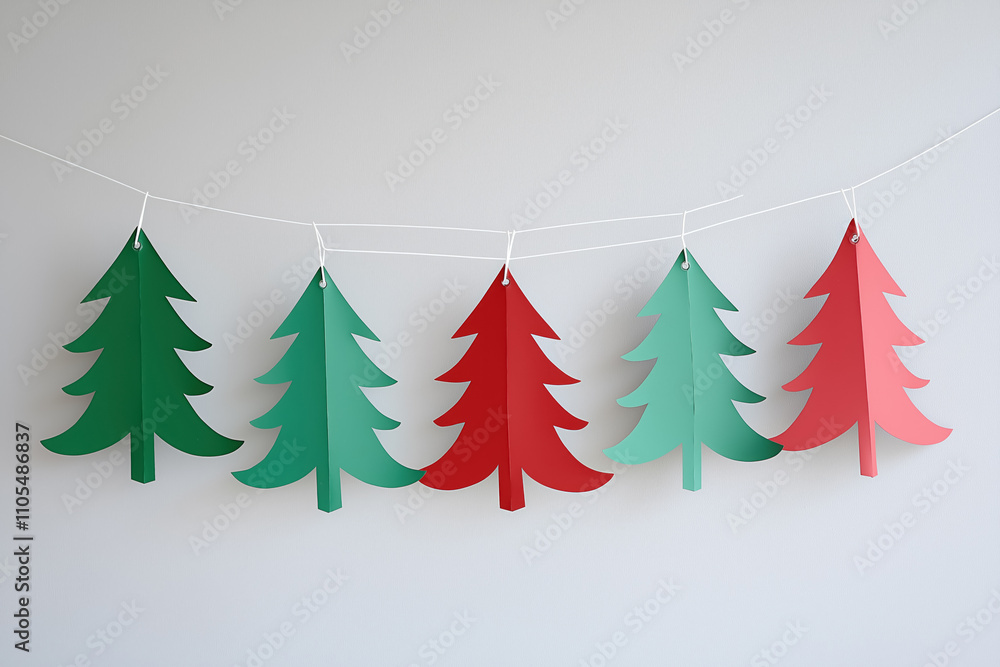 Obraz premium minimalist christmas tree green and red garland hanging against a plain white wall, simple festive holiday decoration