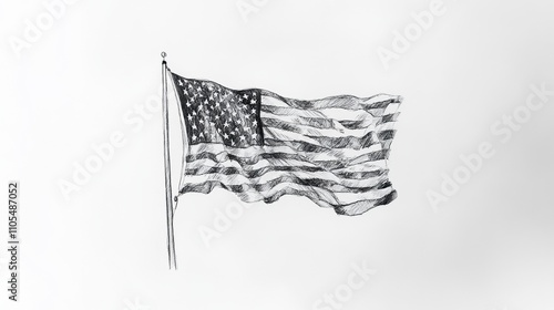 American flag waving in the wind: pencil sketch artwork