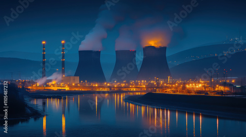 Night shot of a large nuclear power plant close to a river with blue night sky. photo