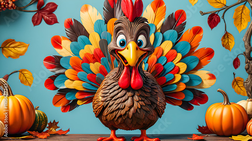 Fun cartoon design of Happy thanksgiving turkey 3d illustration design. Colorful background and traditional decoration of happy and funny turkey portrait. ai generated
