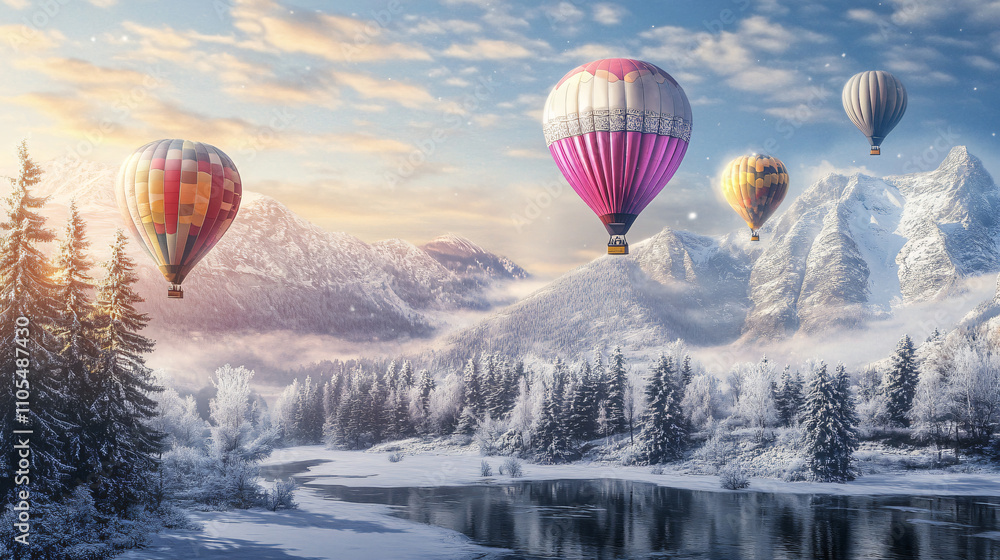 Obraz premium A scenic hot air balloon ride over a snowy landscape, with multiple colorful balloons floating over mountains and frosted forests.