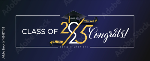 Banner Congratulations on graduation from school, college, institute in gold numbers 2025. Template Congratulations for graduates for holiday, ball, party. Vector 2025 year, a graduate's hat.