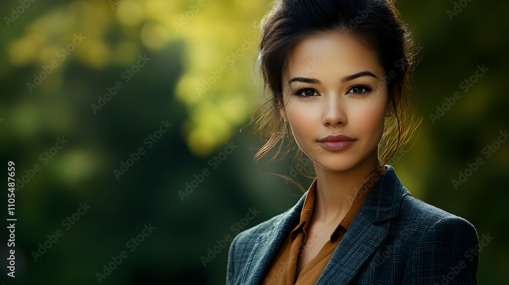 Portrait of a Woman with Brown Hair in a Gray Blazer Against a Blurred Green Background Portrait of a Woman with Brown Hair in a Gray Blazer Against a Blurred Green Background